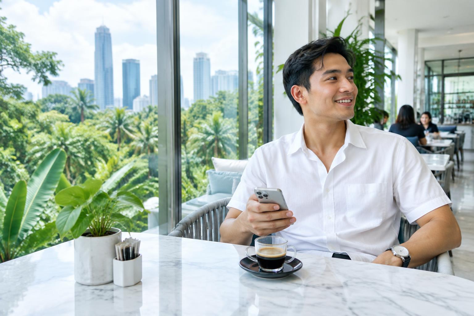 An Indonesian professional with a phone in a bright city café